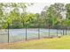 Community tennis court surrounded by a black chain link fence and mature trees at 1719 Kings Cross Ct, Hoschton, GA 30548