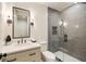 Modern bathroom with a glass-enclosed shower, neutral tile, and sleek vanity at 810 Kenry Ct, Atlanta, GA 30342