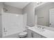Clean bathroom with tub, shower, toilet, and vanity with a sink at 2035 Mountain Rd, Cumming, GA 30040