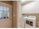 Bright laundry room with white cabinetry and modern appliances, including a washer and dryer at 9465 Grande Dr, Winston, GA 30187