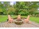 Backyard featuring a stone fire pit, Adirondack chairs, and lush green lawn at 2801 Holly Oaks Dr, Marietta, GA 30062