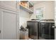 Bright laundry room features modern gray washer and dryer, storage cabinets and handy utility sink at 2801 Holly Oaks Dr, Marietta, GA 30062