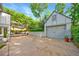 Backyard garage and patio with an outdoor grilling area and lovely green landscaping at 893 E Rock Springs Ne Rd, Atlanta, GA 30306