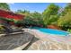 Backyard pool with stone surround, featuring lounge chairs and lush greenery at 64 Edwin Pl Nw, Atlanta, GA 30318
