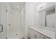 Sleek bathroom with a glass-enclosed shower, modern vanity, and a well-lit mirror at 130 Forrest Aly, Roswell, GA 30075
