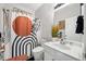 Contemporary bathroom featuring stylish decor, a decorative shower curtain, and a white marble countertop at 144 Wetherbrooke Ln # 4, Smyrna, GA 30082