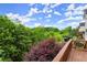 Relaxing backyard deck with wooden railing and lush green scenery with purple and green foliage at 7340 Jamestown Dr, Alpharetta, GA 30005