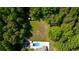 An aerial view reveals a house featuring a pool surrounded by lush greenery at 143 Navajo Trl, Rydal, GA 30171