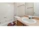 Bathroom with single sink vanity, shower, and toilet at 4129 Flakes Mill Manor Ln, Ellenwood, GA 30294
