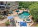 Aerial view of a custom pool, hot tub, waterslide, patio, and outdoor seating area at 106 Stephens Farm Dr, Canton, GA 30115