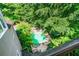 Aerial view of a backyard pool surrounded by mature trees and a patio area at 5105 Jett Forest Trl, Atlanta, GA 30327