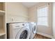 Bright laundry room with Samsung front load washer and dryer, open shelving and a window at 4960 Cinnabar Dr, Alpharetta, GA 30022