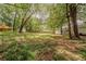Large backyard with established lawn, mature trees, and partial fencing at 228 Amour Sw Way, Lilburn, GA 30047