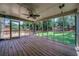 Inviting screened porch with a ceiling fan and views of the lush backyard and wooden deck at 1885 Vintage Dr, Snellville, GA 30078