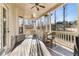Covered back porch featuring a wood ceiling, brick, and heaters at 4058 Rosebay Way, Conyers, GA 30094