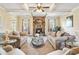 Cozy living room with a stone fireplace, coffered ceiling, and comfortable seating at 4058 Rosebay Way, Conyers, GA 30094