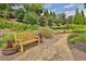 Exterior shot of landscaped common area with benches, bushes, and trees at 125 Windy Pines Pass, Roswell, GA 30075