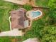 Overhead image showing the well-maintained property with pool, lush lawns, and mature trees at 4235 Night Sky Ln, Cumming, GA 30041