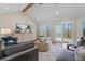 Bright living room features vaulted ceilings, wood beams, and a sliding glass door to the deck at 6265 Reives Rd, Cumming, GA 30041