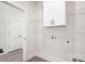 Bright laundry room features white cabinets and shelving with convenient utility connections at 110 Doris Path, Dallas, GA 30157