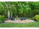 Charming backyard fire pit area with seating surrounded by mature trees and landscaping at 33 Kay Ne Rd, White, GA 30184