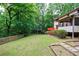 Spacious backyard featuring a deck, lush greenery, and a charming wooded perimeter for privacy at 10565 Shallowford Rd, Roswell, GA 30075