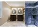 Bathroom with dual vanities and tiled shower at 10565 Shallowford Rd, Roswell, GA 30075