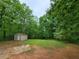 Beautiful backyard with a storage shed and surrounded by mature trees for privacy at 4063 Feather Dr, Douglasville, GA 30135