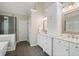 Bathroom featuring double vanity, glass shower, and tile flooring at 249 Thorncliff Lndg, Acworth, GA 30101