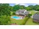 Stunning aerial view of the property showcasing the pool, patio, and surrounding greenery, perfect for relaxation at 130 Plantation Dr, Stockbridge, GA 30281