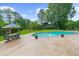Beautiful backyard pool and patio surrounded by lush landscaping, creating a private outdoor retreat at 130 Plantation Dr, Stockbridge, GA 30281