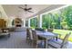 Outdoor dining area on a covered porch with a view of the lush backyard and trees at 101 Morgan Ln, Canton, GA 30115
