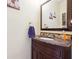 Bathroom vanity with dark wood cabinets, a patterned countertop and a large mirror at 3715 Frankie Wade Ln, Loganville, GA 30052