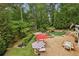 Aerial view of backyard with pool, lake, and dining area at 520 Flying Scot Way, Alpharetta, GA 30005