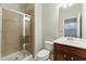 Neutral bathroom with a glass enclosed shower, white commode, and dark vanity at 2313 Millhaven St, Smyrna, GA 30080