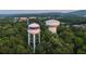 A scenic aerial view of the community water towers surrounded by lush greenery and distant mountains at 173 Basil St, Cumming, GA 30040