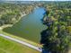 Beautiful aerial view of the lake surrounded by lush trees and residences at 5302 Greenway Dr, Villa Rica, GA 30180