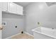 Functional laundry room features white cabinets and sink at 5302 Greenway Dr, Villa Rica, GA 30180