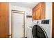 Convenient laundry room with a front-load washer and dryer, built-in storage, and exterior access at 2100 Ann Se Ct, Conyers, GA 30013