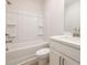 Bathroom with tub, toilet and sink with white cabinets at 1995 Deco Dr, Kennesaw, GA 30144
