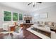 Cozy living room featuring a stone fireplace, ample natural light, and stylish furniture at 2801 Avington Se Ln, Smyrna, GA 30080