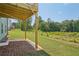 Lush backyard with a covered deck, green lawn, and wooded backdrop, offering privacy at 7252 Eton Ln, Locust Grove, GA 30248