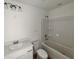 Bathroom with a single vanity, toilet, and shower-tub combination at 7252 Eton Ln, Locust Grove, GA 30248