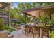 Outdoor kitchen and bar area with a swimming pool, barbeque, ceiling fan, and lush greenery in the background at 2406 Glenwood Ne Dr, Atlanta, GA 30305