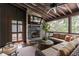 Inviting porch with a stone fireplace, comfortable seating, and views of the lush backyard at 2406 Glenwood Ne Dr, Atlanta, GA 30305