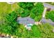 Aerial view of a house featuring a backyard pool surrounded by lush greenery at 5785 Timberlane Ter, Sandy Springs, GA 30328