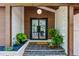 Close up of a welcoming front porch with beautiful stone floors, a light fixture, and greenery at 5785 Timberlane Ter, Sandy Springs, GA 30328