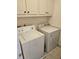 Functional laundry room with a washer, dryer, and overhead storage cabinets at 4299 Sherwood Oaks Dr, Decatur, GA 30034