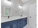 Modern bathroom features a double vanity with white countertop and blue cabinets at 470 Brackin Trce, Grayson, GA 30017