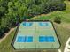 Aerial view of basketball and pickleball court surrounded by a black fence and lush landscaping at 5830 Sterling Ct, Cumming, GA 30040
